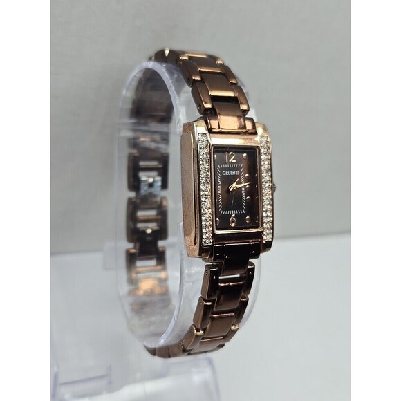 Gruen II Womens Rose Gold Rectangular Watch Crystal Bezel Brown Dial New Battery - Picture 3 of 10